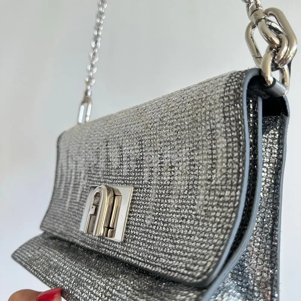 FURLA 1927 Glitter Embellished Chain Strap Mini Crossbody Bag Silver